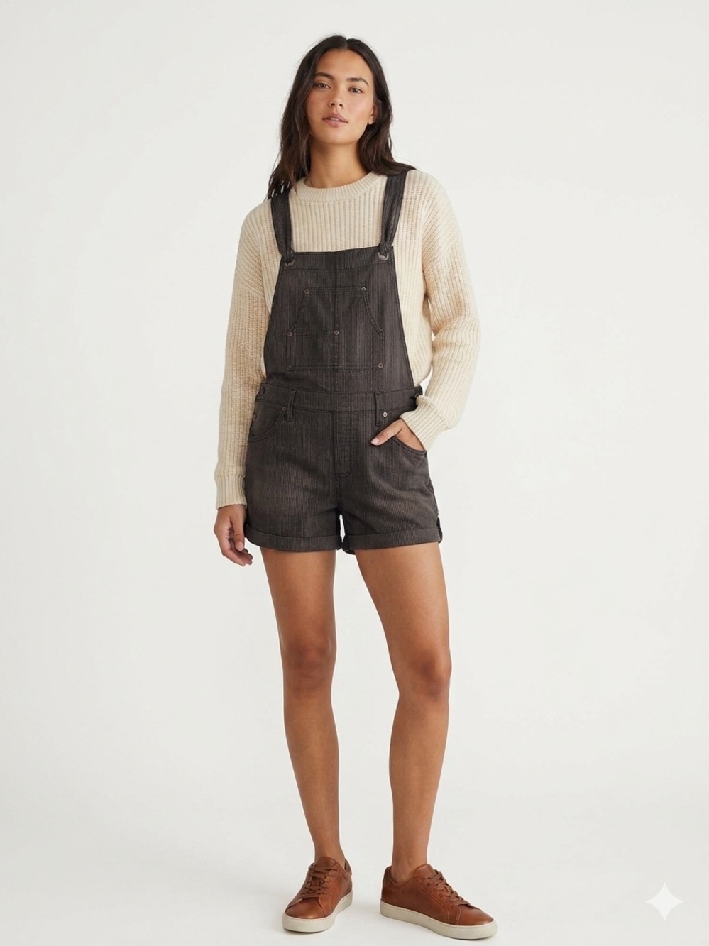 Free People Women’s Denim Overall Romper, charcoal Gray Striped, Sleeveless,8
